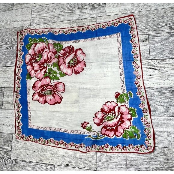 Designer Vtg Handkerchief PINK Tree Blossoms Floral Carol Stanley Hand Rolled - Picture 5 of 7